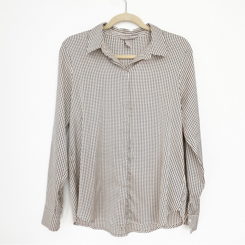 H&M | Cream Champagne Black Polka Dot Satin Button Down Shirt